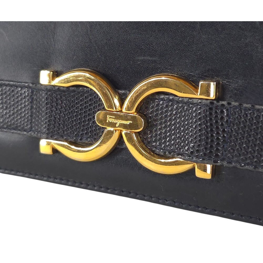 Vintage Salvatore Ferragamo Horseshoe Chain Flap Bag OS Women Black Leather Rare - Picture 6 of 11